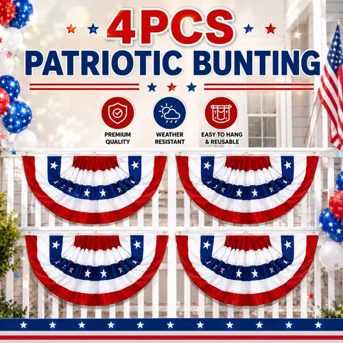 Janhooya 4-Piece Patriotic Fan Bunting Banners - Bold 1.5x3 ft Flags, Fade-Resistant Polyester, 3-Grommet Hold, Party Decoration for 4th of July, Labor Day, BBQs, Outdoor Porch Fence Decor
