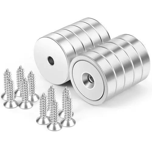 GJANSH 10 Packs Round Magnets with Hole, 50LB Strong Rare Earth Magnets Heavy Duty for Wall Mounting, Neodymium Cup Magnet with Holes in The Center, Screws for Tool Room,Industrial
