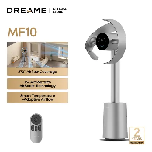 【Super Brand Day】DREAME MF10 Bladeless Tower Fan for Bedroom, Smart Standing Fan with 270° Spatial Airflow for Whole-Room Circulation, 59ft/s High Velocity, 10 Speeds 3 Modes, Temperature-Adaptive Airflow, MF10-Beige