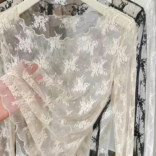 Women's Lace Hollow Out Long Sleeve Floral Top Blouse, Autumn Lightweight Breathable Casual Daily Wear, Elegant Chic Stylish Women's Clothing, Womenswear