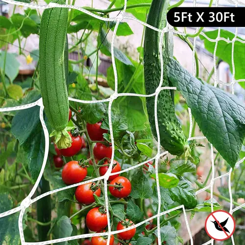 Polyester Rectangular Gardening Trellis Netting - 5x30FT Pole-Ready Mesh, Cucumber-Ready Net, Easy Installation, Reduces Fruit Droop, Supports Climbing Plants, For Cucumbers & Tomatoes Vegetables Outdoor Fruits Flowers