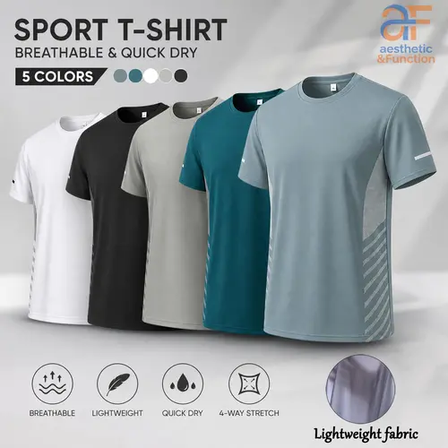 Men's 5-Pack Activewear T-Shirts, Solid Short-Sleeve Quick-Drying & High-Elasticity Tops for Gym Workouts & Athleisure Wear, Athletic Outfits, Activewear Tees, Gym Performance Top, Fitness Clothes Tops