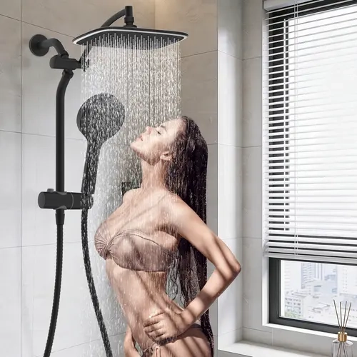 Hibbent 10-in Rectangular Handheld Showerhead Set - Pressure-Boosted High-Flow, All-Metal Adjustable Extension Arm, Easy-Reach Holder, 5 Spray Modes with Power Washer, Adjustable Flow, Quick Installation (Flexible/Extendable/Easy-Glide Variants)