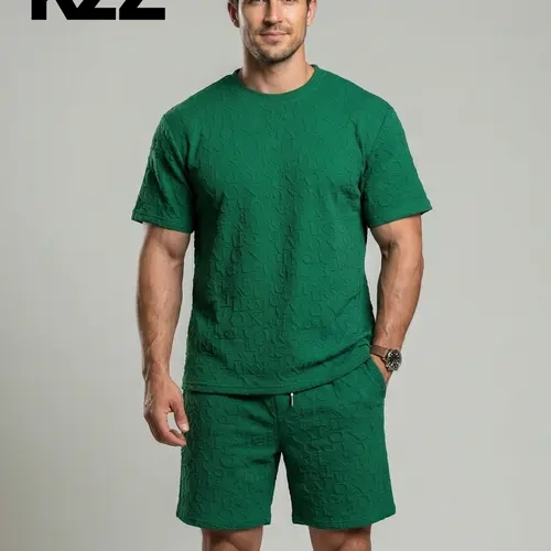 KZZ 2026 Men's Crew Neck Plain Jacquard 2-Piece Tracksuit - Short-Sleeve T-Shirt & Warm-Day Above-The-Knee Shorts, Comfortable Tropical Casual Wear for Everyday & Vacation