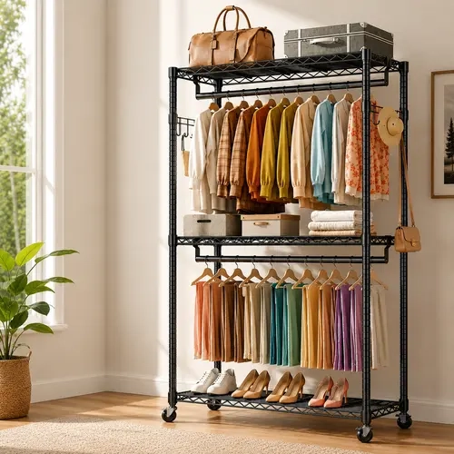 Sweetcrispy S-3 Tier Heavy Duty Rolling Garment Rack - Lockable 360° Swivel Casters, Adjustable Freestanding Floor Stand, Multifunctional Organiser with Clothes Dresser Storage, Durable Furniture Storage for Home Goods Organization