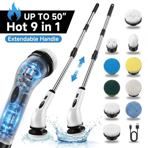 Cordless Power Shower Scrubber - Handheld USB Rechargeable Household Electric Scrubber, 9 Interchangeable Heads, Adjustable Extension Handle, Long Battery Life for Bathroom, Modern Households Efficient Cleaning