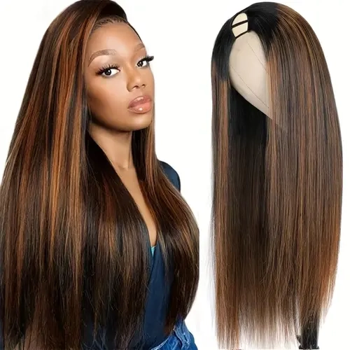 Pobokix #FB30 V-Part Brazilian Virgin Human Hair Wig - Ombre Highlights Front, Female Natural Straight Blonde-Brown, Glueless Easy-Remove No Leave Out Upgrade, Multi-Size U-Part for Everyday Wear