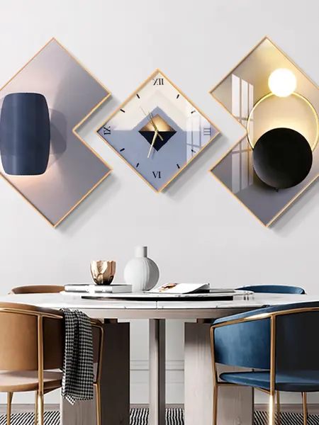 Homary 3-Pcs Square Modern Geometric Silent Wall Clock Set - Gold-Frame Canvas Artwork, Hanging Aesthetic Home Decor, Entryway Display Room Accessory