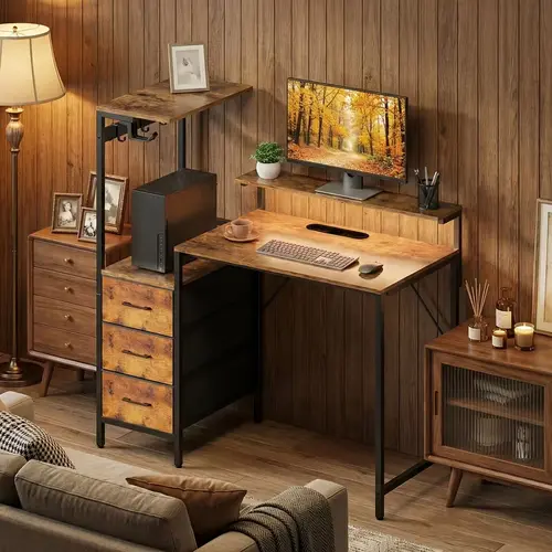 HLFURNITURE Durable Metal Frame Computer Desk - Industrial Rustic Brown Office Furniture, LED Ambient & Customizable Lighting, Leather-Bamboo Surface, Compact Footprint Home Workstation with Storage Drawers & Shelves for Small Spaces