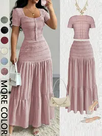 Women's Casual Elegant Short-Sleeve Square-Neck T-Shirt and Half Skirt Set, Cute Spring and Fall Outfit