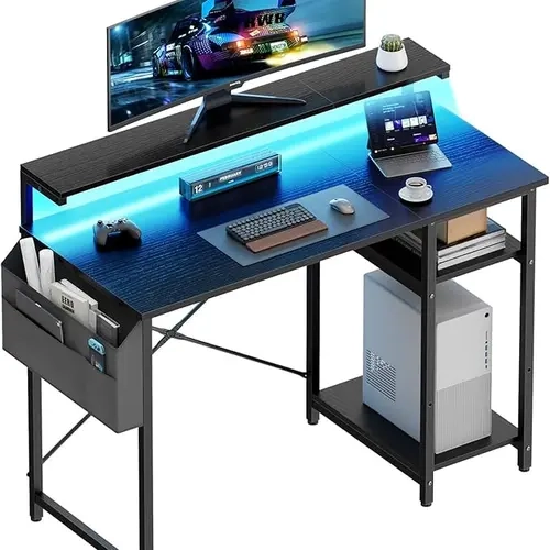 HLDIRECT 40-Inch Heavy Duty Wobble-Free Gaming Desk - Ergonomic Sit-Stand Monitor Arm, Side Storage Shelves, Storage Bag, Adjustable Height Office Furniture for Home Office, Desk Accessories
