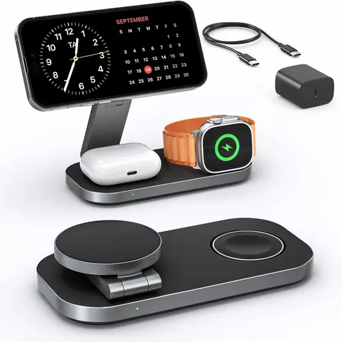 RESSONIC 25W Dual Wireless Cellphone Charger - 5-in-1 Compact Charging Station for Mobile/Smartphone, iPhone 13/Samsung, Watch, Earbuds with 65W Adapter, TEC Active Cooling, Night Light, 3-Way Foldable Stand, Magnetic Snap (Desk, Travel Use)