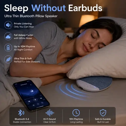 Under-Pillow Ultra-Thin Bluetooth 6.0 Rechargeable Speaker, Portable Wireless Soundbox, Air Conduction Design, 3D White Noise & Natural Sounds, Soft Immersive Sound Field, Machine-Washable Cover, Headphone-Free Sleep Use, Compatible with Android & iOS