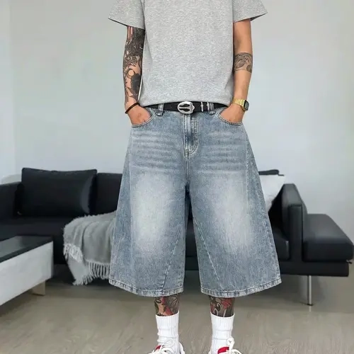Men's Loose Oversized Straight-Leg Jeans Cat Whisker Vintage Denim Shorts, Washed Patchwork Light Blue Fashion Pants, Summer 2026 New Arrival