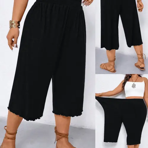 Women's Plus Size Wide Leg Capri Pants Scalloped Hem Culottes Smocked Elastic High Waist Cropped Trousers Casual Summer Lounge Flowy Trendy Womenswear Bottom Boho Casual Bottoms