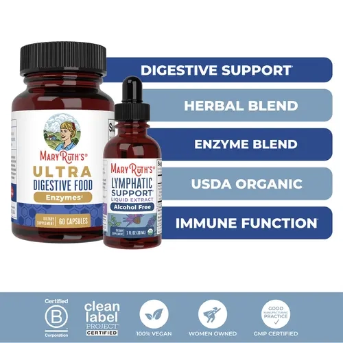MaryRuth's Lymphatic Support + Ultra Digestive Enzymes Bundle - Organic Lymphatic Support Herbal Blend 1 oz - Ultra Digestive Food Enzymes 60 ct