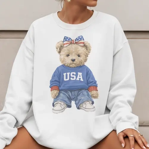 Vintage USA Tee Teddy Bear USA Graphic Sweatshirt Cute Flag Bow America Bear T-Shirt 4th of July Patriotic Tshirt Casual Womenswear Sublimation Top