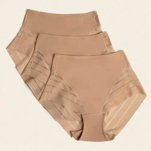 Leonisa 3-Pack Stripe Undetectable Lace Classic Shaper Panties - Women's Breathable Seamless Everyday Shapewear with Tummy Control Cotton Fabric