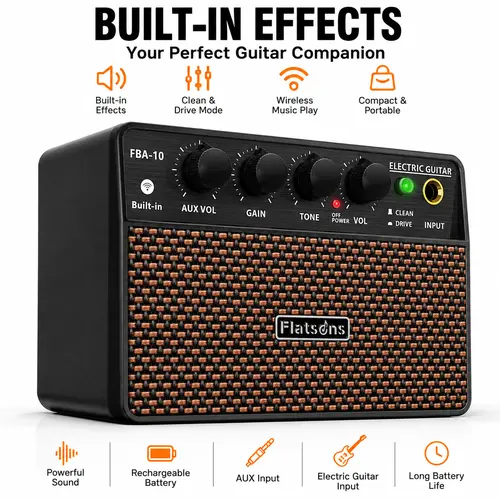 Flatsons FBA-10 10W Vintage Mini Electric Guitar Amp - Rechargeable Portable Practice Speaker with 152x75x99mm Size, Built-in Li-ion Battery, Clean/Distortion Channels, BT5.3 Tracks, AUX Input, 3.5mm Headphone Jack, 12-Month Product Guarantee