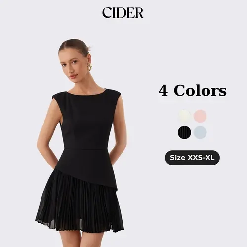 Cider Minimalist Boat Neck Dress for Casual Daily, Elegant Pleated Mini Dresses, Ladies A-Line Sundress, Retro Vacation Outfits, Lady Gown