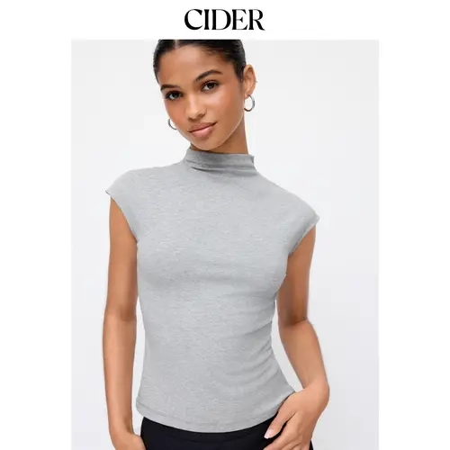 Cider Cotton-blend Stand Collar Cap Sleeve Long Top