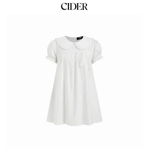 Cider Cotton-blend Peter Pan Collar Puff Sleeve Lace Trim Mini Dress
