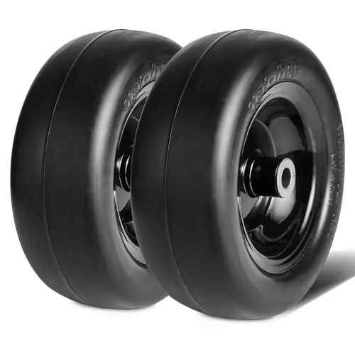 VEVOR Pair of 11x4-5 in Tubeless Flat-Free PU Rubber Mower Wheels, Wear-Resistant Steel Rims, 3.4 in Hub Depth, 3/4" Bushing Size, 20 Fitting Adapters Gaskets, 350 lbs Load Capacity, All-Seasons Compatibility for Lawn Tractors (Father's Day Gift)