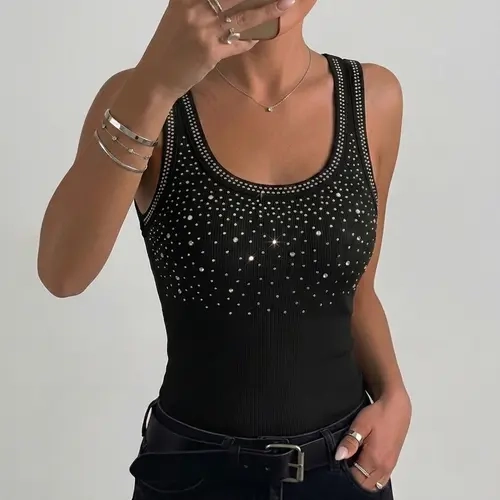 CHICME Women's Rhinestone Decor U-Neck Sleeveless Slim Fit Ribbed Tank Top