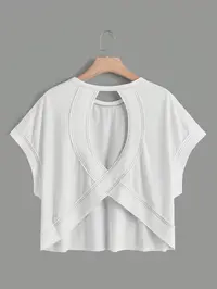 Women's Batwing Sleeve Loose Round Neck Hollow Back Short Sleeve Top, Breathable Sporty Casual Wear, Perfect for Sports and Leisure, Casual Sports Tops