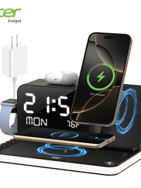 7-in-1 Wireless Charging Station with Clock & Night Light for iPhone, Android, Apple Watch & AirPods summerwins