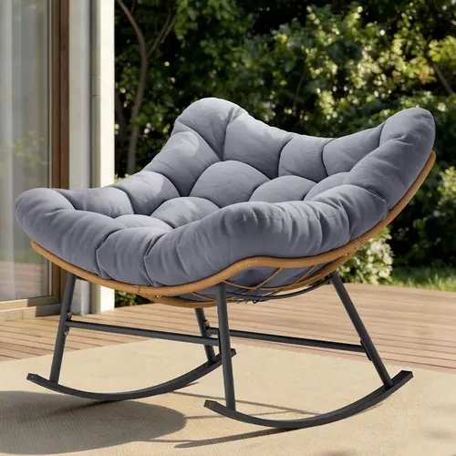 Sikaic Outdoor Rattan Rocking Chair with Thick Cushion Grey Modern Indoor Patio Papasan Rocker, Comfy Wicker Reading Lounge, Indoor Egg Chair for Bedroom, Living Room, Balcony, Porch, Backyard, Garden, Home Furniture Christmas Gifts [TiktokShopFallDealsFo