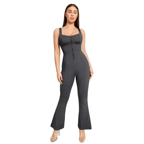 Popilush Women's Shapewear Denim Jumpsuit, Square Neck Sleeveless Tank Top Romper, Wide Leg Flare Jumpsuits & Rompers, Stretchy Comfortable Minimalist Casual Wear