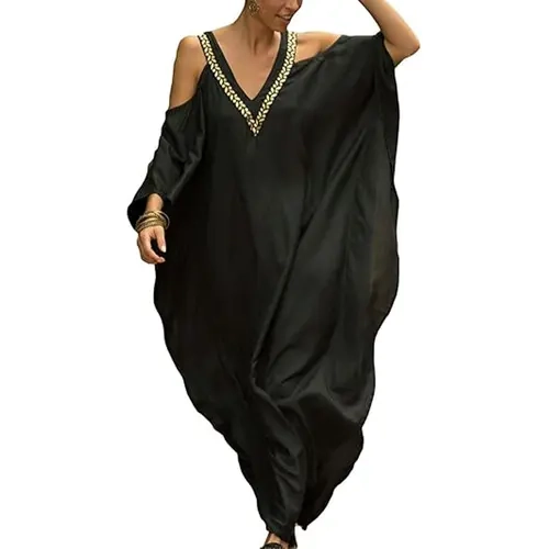 Bsubseach Women's Elegant Beach Kaftan Dress - Polyester Turkish Cover Up, Embroidered Cold Shoulder, V-Neck, Long Sleeve, Quick-Dry, Easy to Care For, Plus Size US Sizes Maxi for Party, Casual Use
