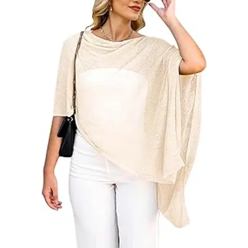 Bsubseach Women's Soft Sheer Crochet Beach Coverups - Off-Shoulder Polyester Blend Poncho Shrugs, Elastane Hand-Wash Bikini Coverup for Caribbean Vacation Outfits