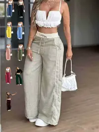 Women's High-Waisted Wide-Leg Bottom Pants, Loose Fit Drop Waist Design, Striped Pattern, Spring & Fall Season, Casual Daily Wear, Button