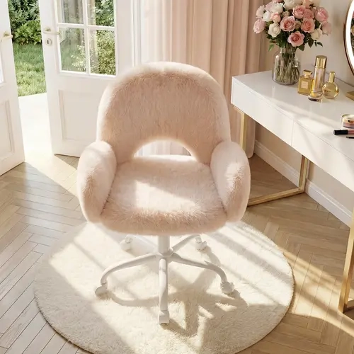 Raybee Vanity Chair with Round Hollow Back, White Desk Chair with Arms & Wheels, Cute Office Chair for Make-up Room, Bedroom, Home Office, Salon, Height Adjustable, Faux Rabbit Fur, for Girls