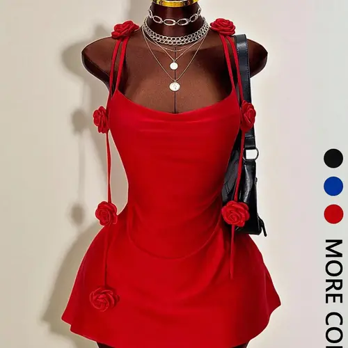 1 Spring Summer Red 3D Rose Mini Dress Women | Lady Double Spaghetti Strap Sleeveless Bodycon Short Dress | Y2K Coquette Baddie Style for Date Night Valentine's Day Party Wear Party Outfits Womenswear Cocktail Party Dresses