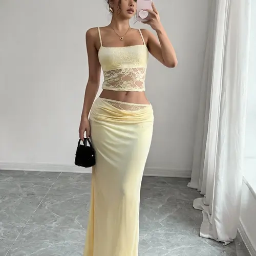 Women's 2-Piece Outdoor Vacation Matching Sets, Lace Backless Cami Top with Maxi Skirt Going-Out Outfits, Breathable Soft Fabric 2 Piece Sets for Women