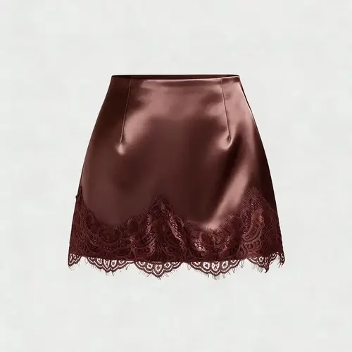 Spring Summer High Waist Fitted Satin Fashion Mini Skirt Women | Lace Trim Hem | Old Money Coquette Style for Date Night Club Party Wear