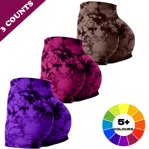 Women's 3-Piece Tie-Dyed High-Waisted Gym Shorts - Glute Activation, High-Stretch Fabric Gym Style Sports Shorts for Women's Fitness, Yoga, Womens Fitness