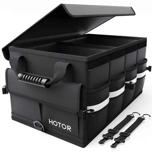 Durable Collapsible Heavy-Duty Trunk Cargo Organizer with Lid - Black Edge Box Shape, 2-Section High-Capacity, Portable for SUV/Truck/Van, Organizes Gear & Groceries, Folds Flat Auto Interior Stowing & Tidying Accessory, Truck Accessories