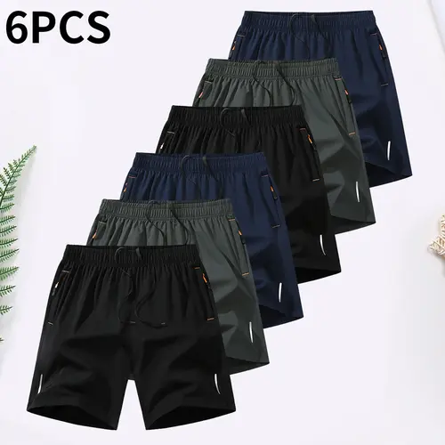 Men’s 6-Piece Polyester Edit Ice Fabric Quick Dry Activewear Gym Shorts - Lightweight, Breathable, Cool-Touch, Solid-Color, Zipper Pocket, Reflective Strip, Summer Gym/Beach Apparel