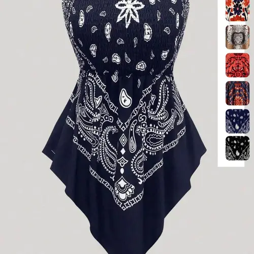 Plus Size Women's Ethnic Print Strapless Top, Bohemian Style Asymmetrical Hem Tube Top, Casual Summer Fashion Top Fit Vibe