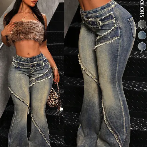 【Black Friday】Women's Bootcut Jeans with Waist Buckle Design, Women's Distressed Fitted Flare Jeans, Y2K Fashion Washed Denim Jeans, Perfect for Daily Wear