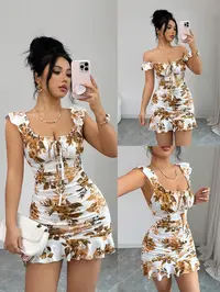 Women's Knitted Floral Print Slim Fit Mini Dress, Boho Style with Bow Design and Bohemian Ruffle, Elegant Halter Neck, Perfect for Daily Wear, Beach, Parties