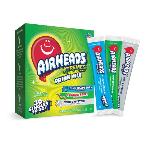 Singles To Go! Airheads Xtremes Bold Sugar-Free Hydration Powder (Blue Raspberry Included), 30ct Flavor Mix Variety Pack, Adult-Friendly Instant Drink Packets, Gym-Bag Friendly Low-Calorie Powdered Beverage Mix Alternative, Blue Raspberry Powder