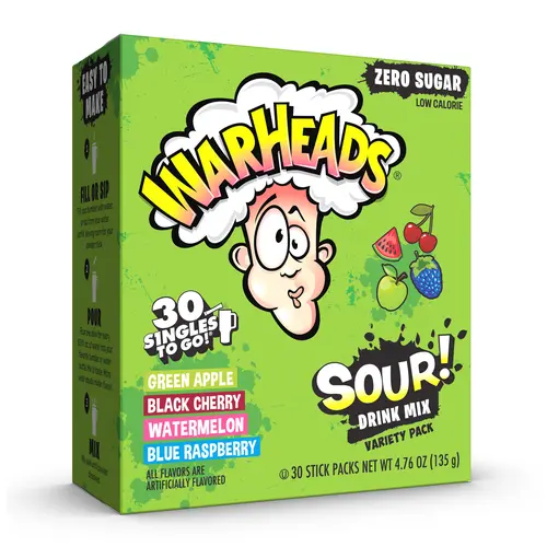 Warheads 30-Stick Sugar-Free Caffeine-Free Extreme Sour Raspberry & Watermelon Hydration Powder, Sour Punch Powdered Drink Mix, Flavor Packets for Water with Sweet Finish, Refreshing Drinks
