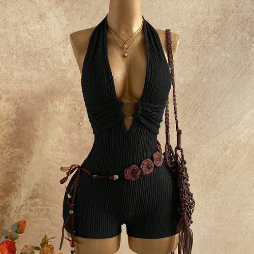 Women's Backless Halter-Neck Sleeveless One-Piece Short Chic Romper with Belt, Stylish Comfortable All-Season Daily Wear