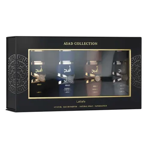 Lattafa Asad 4-Piece Gift Set 25ml – Men's Oriental Fragrance Collection | Asad, Elixir, Bourbon & Asad Zanzibar LE