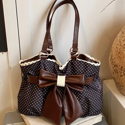 Retro Polka Dot Textured Shoulder Bag, Fashionable Patterned Bag with Oversized Bow and Lace-Trimmed Opening, Spacious Bag for Versatile Daily Outfits